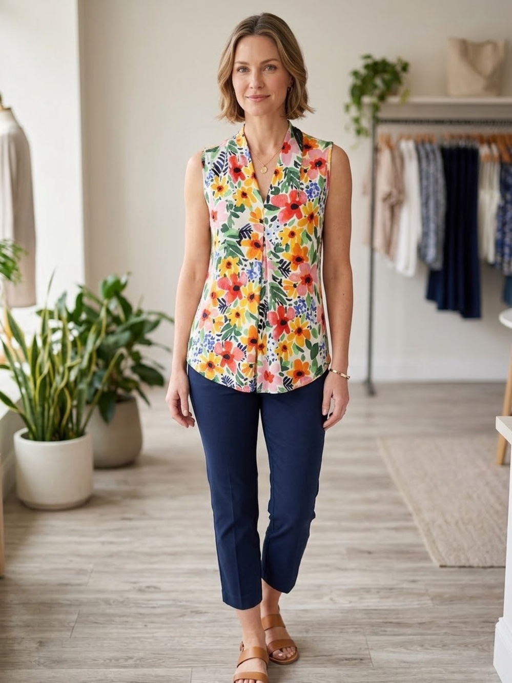 Cable & Gauge Size M Multicolor Floral Sleeveless V-Neck Pleated Blouse Top